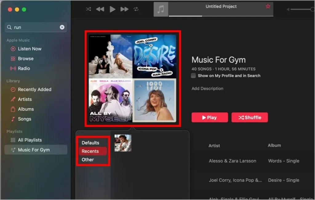 opzioni per la copertina della playlist su mac