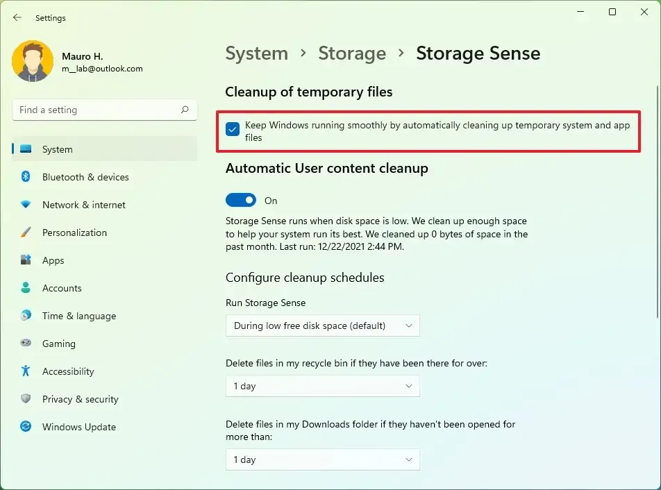 Storage Sense 임시 파일 삭제