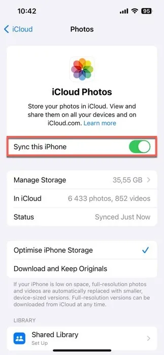 Die Option „Dieses iPhone mit iOS synchronisieren“ ist hervorgehoben
