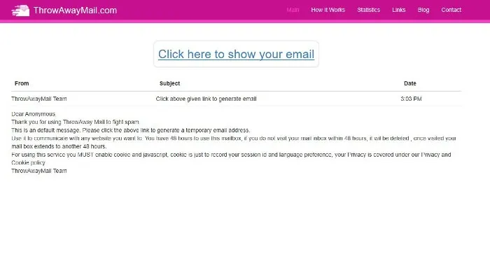 La page d'accueil de Throwawaymail, populaire parmi les fournisseurs de messagerie jetables.