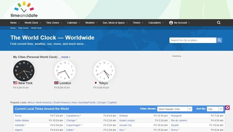 Voorbeeld van de wereldkloklijst van TimeandDate, samen met gepersonaliseerde klokken.
