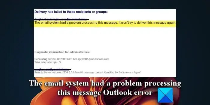 Il sistema di posta elettronica ha riscontrato un problema nell'elaborazione di questo messaggio di errore di Outlook