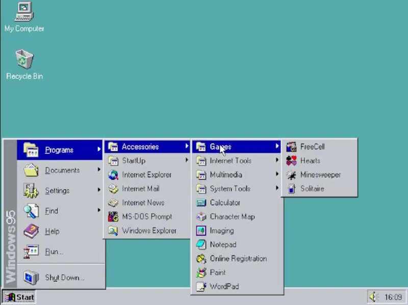 Web ブラウザ エミュレータ内の Windows 95 のプログラム。