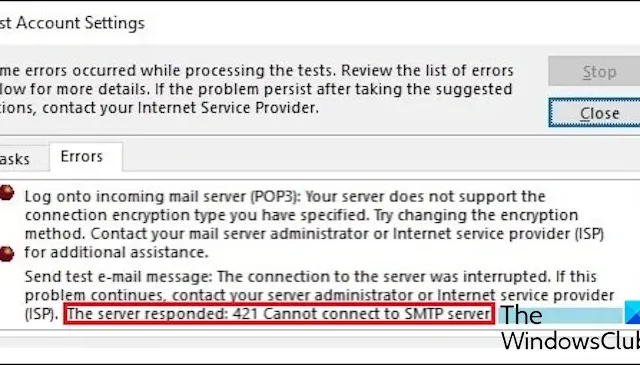 Il server ha risposto: 421 Impossibile connettersi all’errore SMTP Outlook