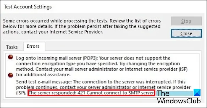 De server antwoordde: 421 Kan geen verbinding maken met SMTP Outlook-fout
