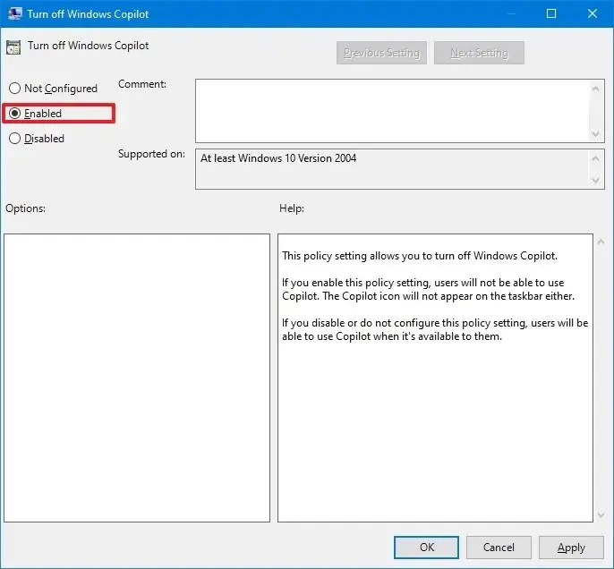 Windows 10 Copilot disabilitato tramite Criteri di gruppo