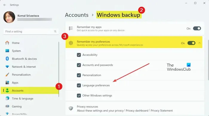 Attiva o disattiva Ricorda le mie preferenze per Windows Backup