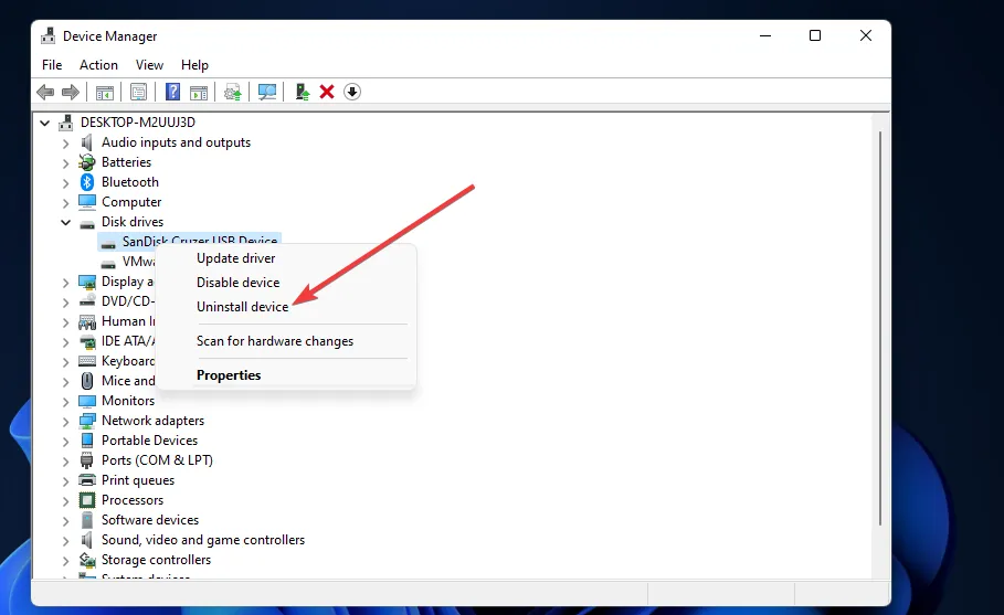L'option de désinstallation du périphérique Windows 11 ne reconnaît pas l'USB