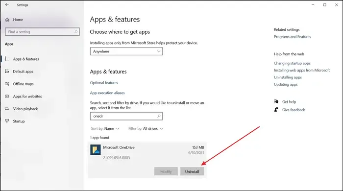 Verwijder OneDrive Windows