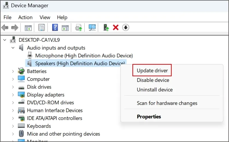 Atualize o driver de áudio usando o Gerenciador de dispositivos