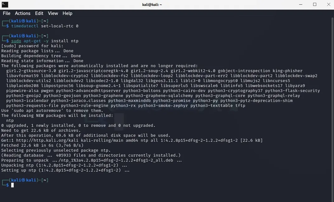 Screenshot des Linux-Terminals, der zeigt, wie die Zeit mit NTP synchronisiert wird
