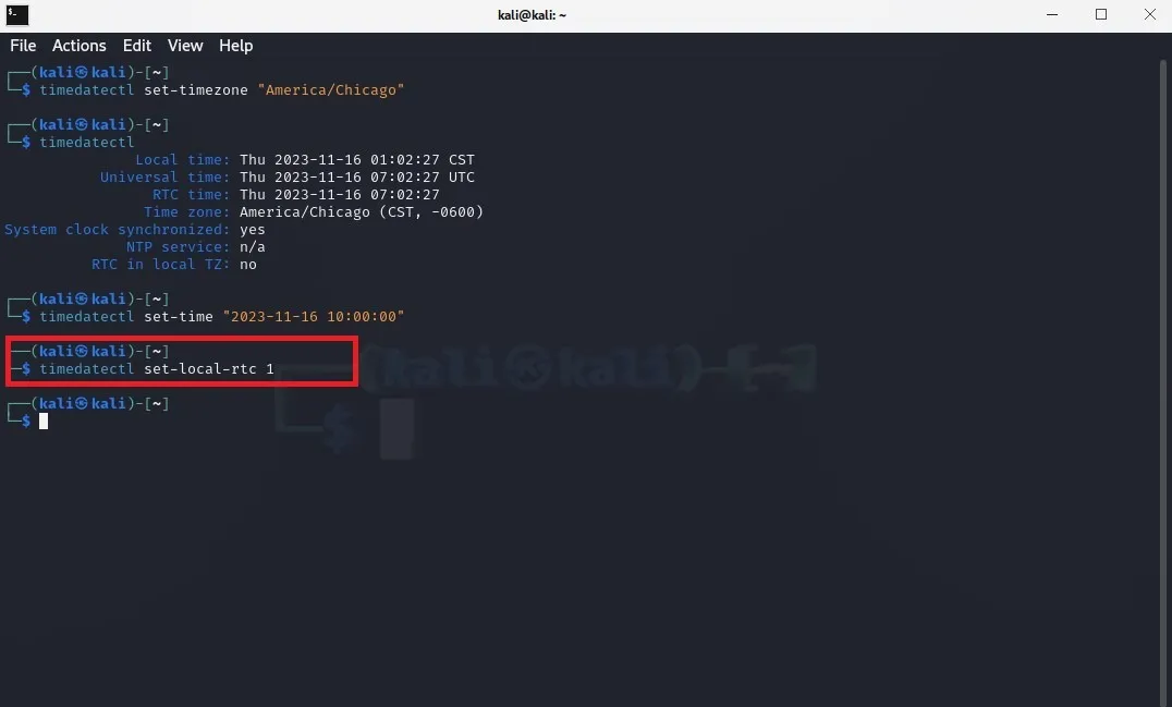 Capture d'écran du terminal Linux montrant comment régler l'heure RTC