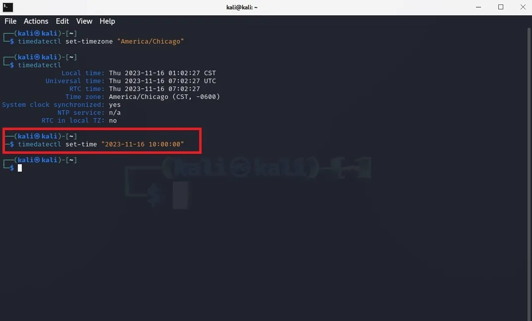 Capture d'écran du terminal Linux montrant comment définir manuellement la date et l'heure