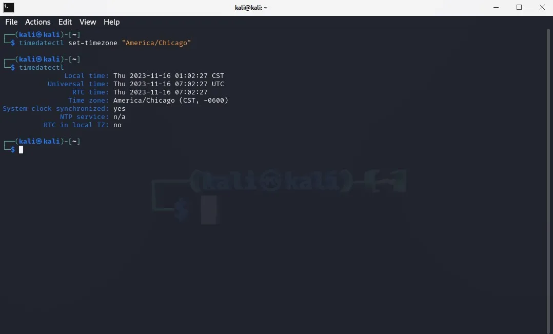 Screenshot des Linux-Terminals, der zeigt, wie man die Zeitzone ändert