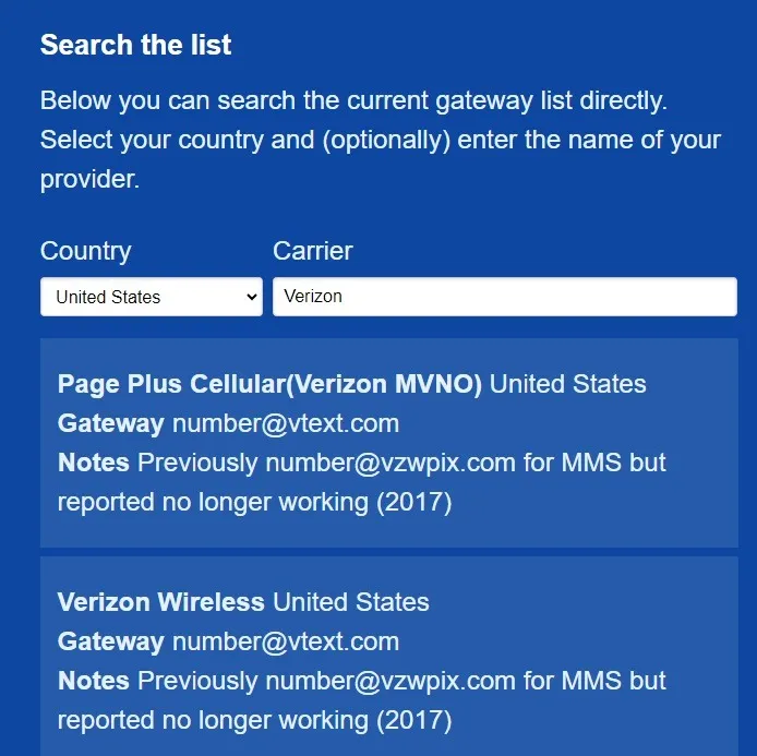 Suche nach Carrier-Gateways auf der E-Mail-zu-SMS-Website.