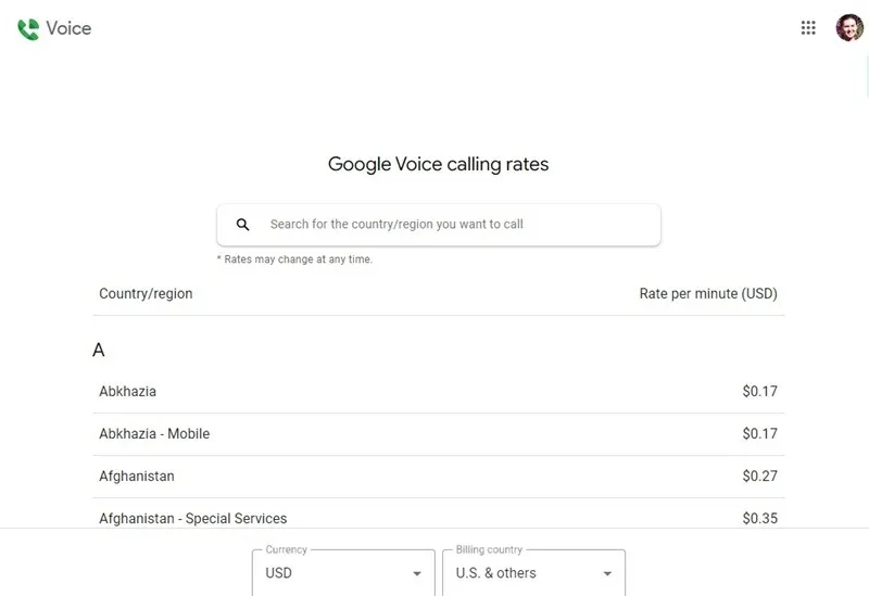 Tarife für Google Voice-Anrufe außerhalb der USA.