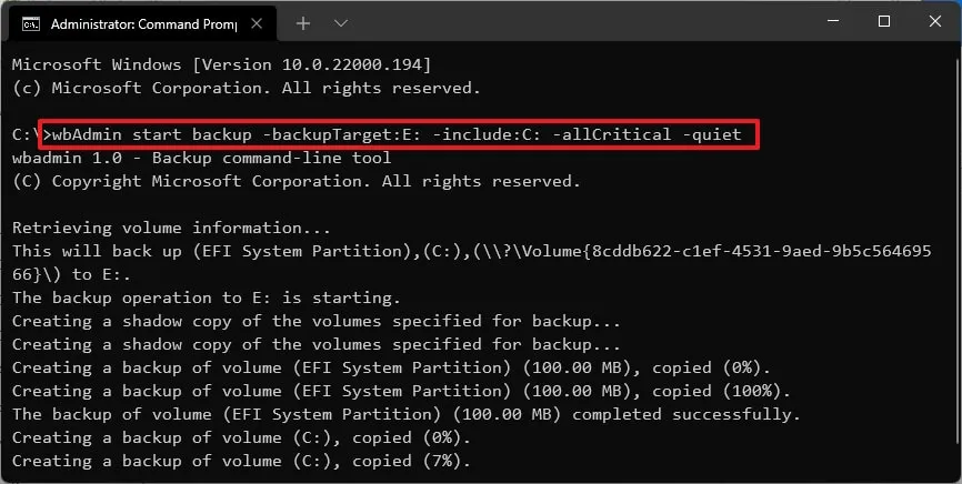 Windows 11 wbAdmin-Befehl