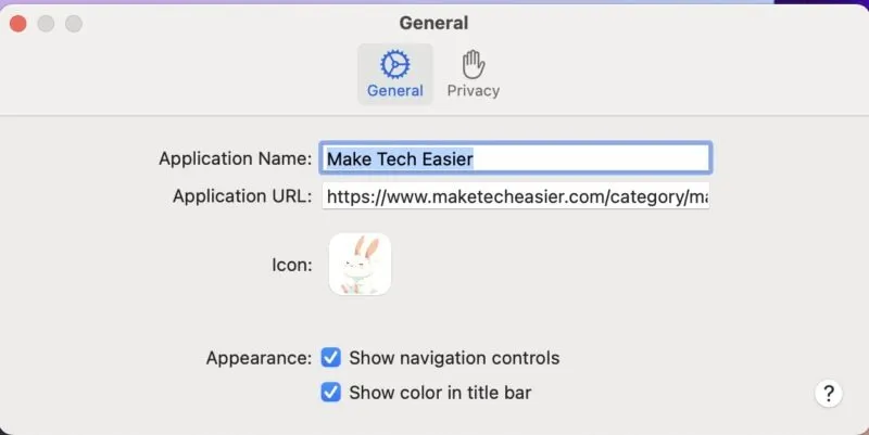 Fenêtre des paramètres de l'application Web affichant les options permettant de modifier l'icône du nom et l'URL de l'application Web