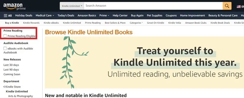 Filtrez les ebooks par Kindle Unlimited ou Prime Reading.