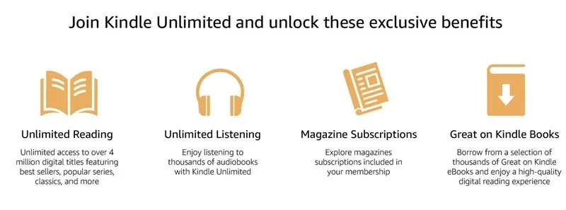 Page de liste des avantages Kindle Unlimited d'Amazon.