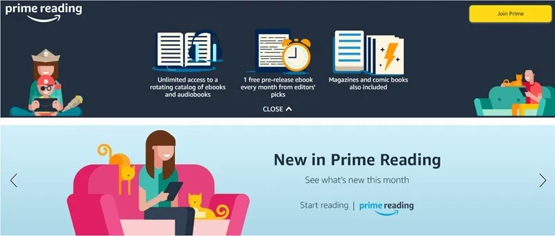 Page des avantages Prime Reading d'Amazon.