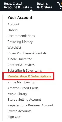 Choisir les adhésions et les abonnements dans le menu du compte Amazon.