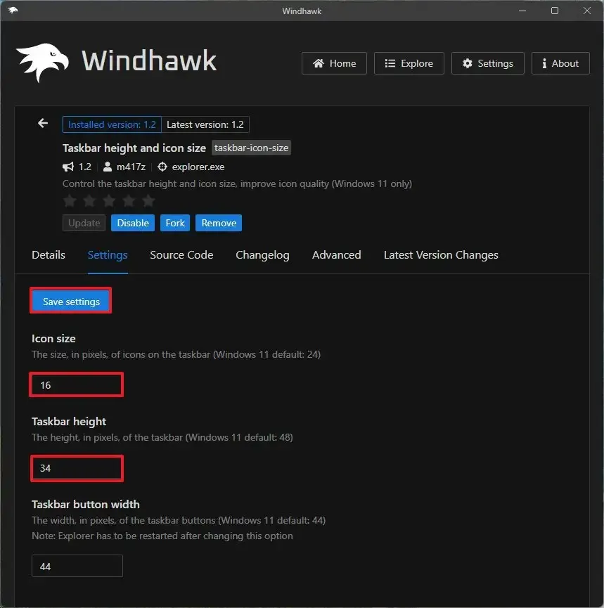 Windhawk cambia el tamaño de la barra de tareas a más pequeño