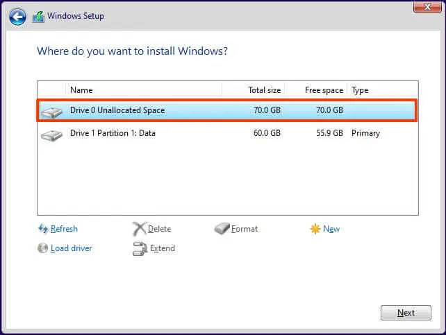 Zainstaluj czystą instalację systemu Windows 11 na nieprzydzielonym miejscu