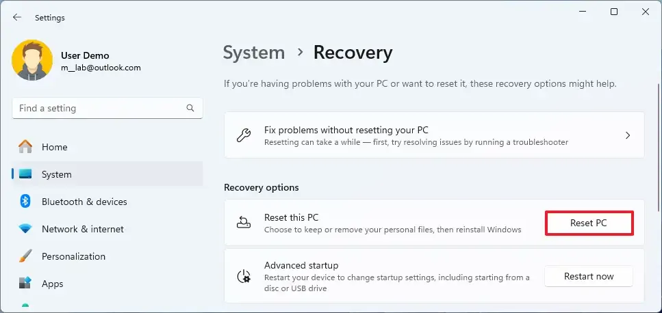 Installazione pulita di Windows 11 con l'opzione Ripristina questo PC