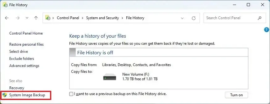 Opción de copia de seguridad de imagen del sistema de Windows 11