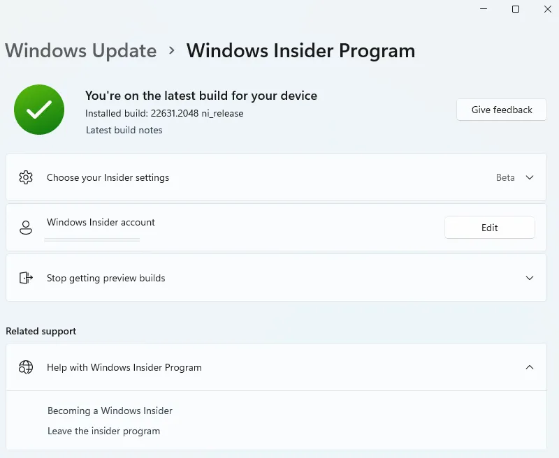Programa Windows Insider en la versión 23h2
