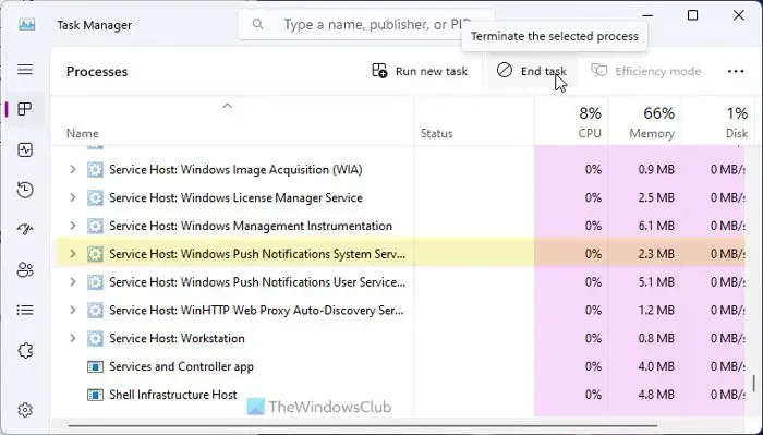 Alto uso de memória do serviço de usuário de notificações push do Windows