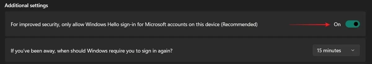 Windows 설정을 통해 Microsoft 계정에 대해 Windows Hello 로그인 옵션만 활성화합니다.