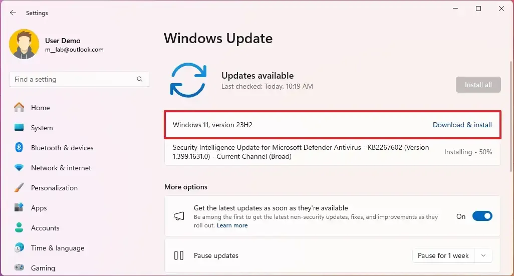 Descarga de la versión 23H2 de Windows Update
