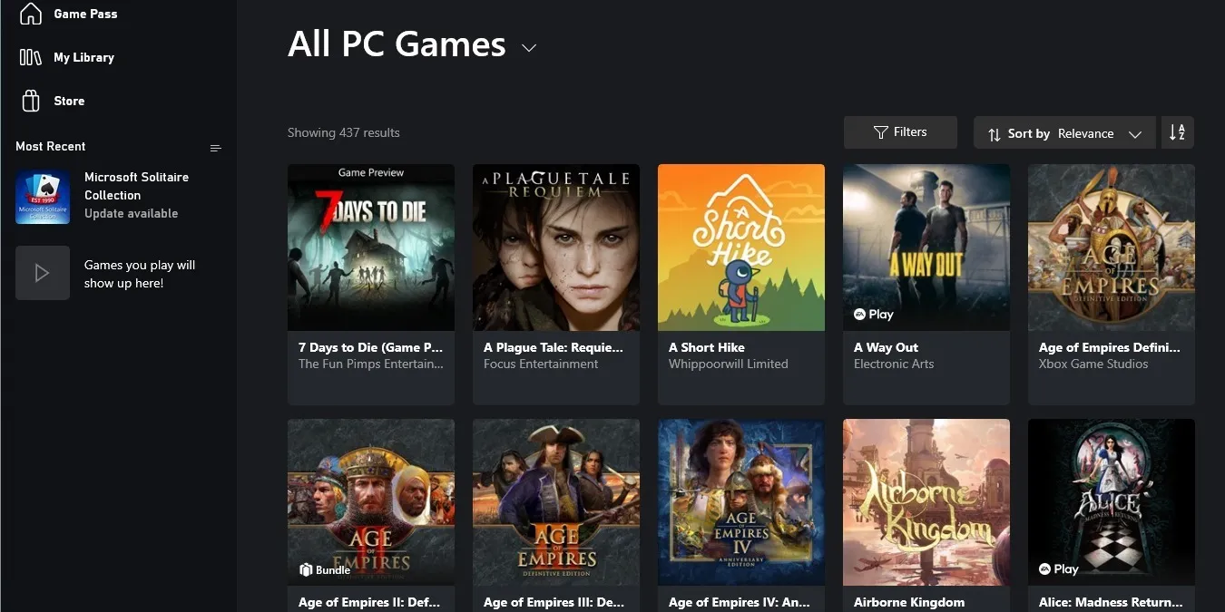 Capture d'écran de l'écran d'accueil de l'application Xbox