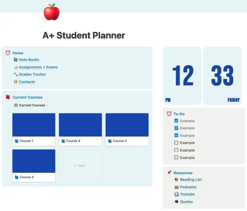 Plus Student Planner Notion テンプレートのメイン ページ