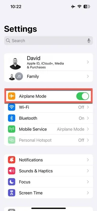 Configuración de iOS en modo avión