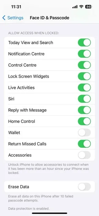 Permitir acceso cuando está bloqueado Opciones Menú de configuración de iPhone