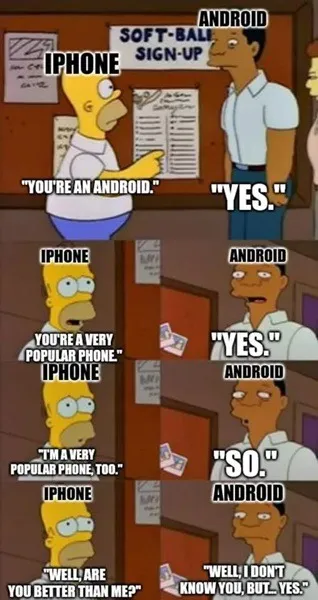 Meme que destaca la respuesta de un Android a la pregunta de cuál es mejor Android o iPhone.