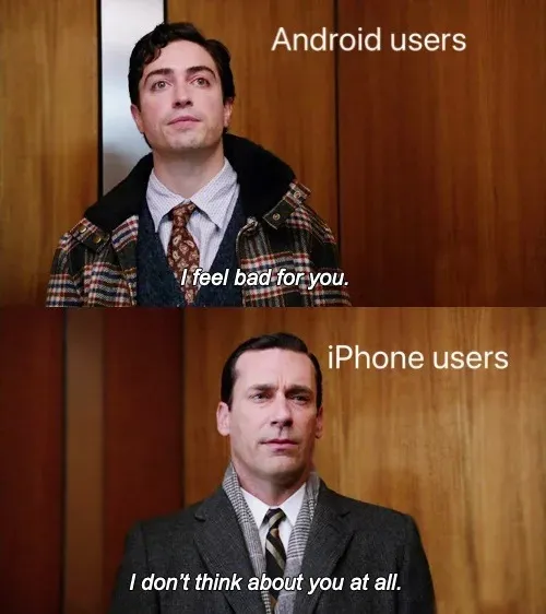 Meme che evidenzia i sentimenti reciproci degli utenti Android e iPhone.