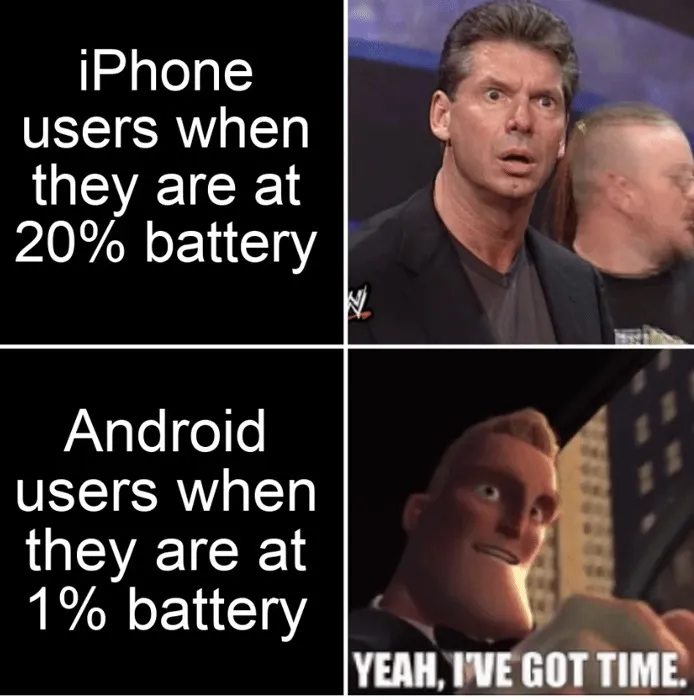 Meme waarin slechte iPhone-batterijproblemen worden benadrukt.
