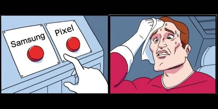 Meme destacando la decisión entre Samsung y Pixel.