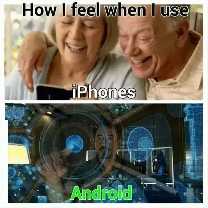 Meme die het verschil benadrukt tussen het gebruik van een iPhone en Android.