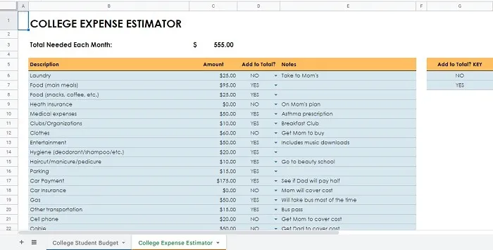 大学生の予算テンプレートの大学経費見積りツールを使用して経費を追跡します。