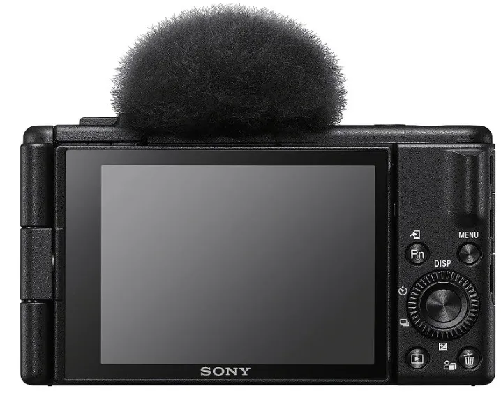 Parte traseira da câmera de vlogging da Sony.