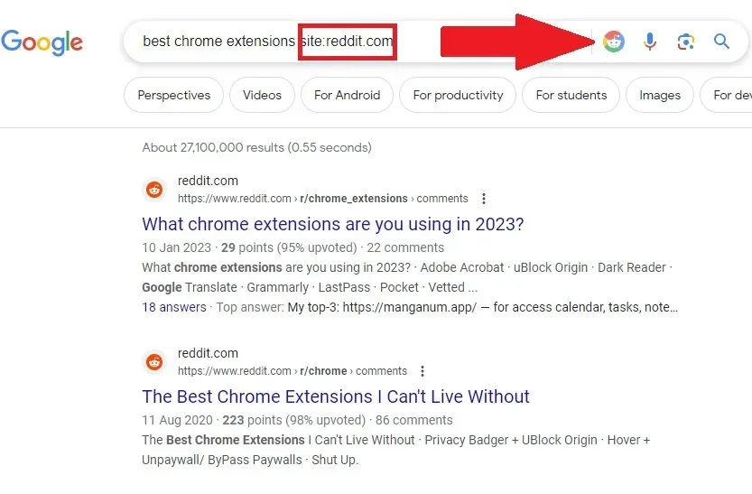 Durchsuchen von Reddit mit Google mithilfe der Erweiterung „Reddit Search for Google“.