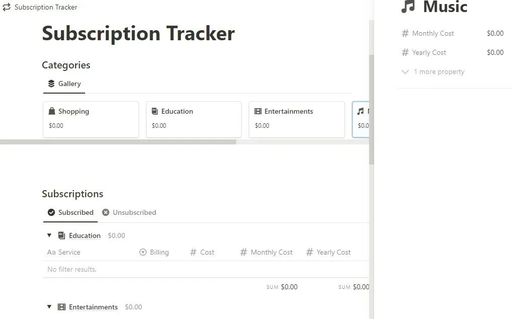Subscription Tracker のメイン ページ。無料の Notion 予算テンプレートのトップの 1 つです。