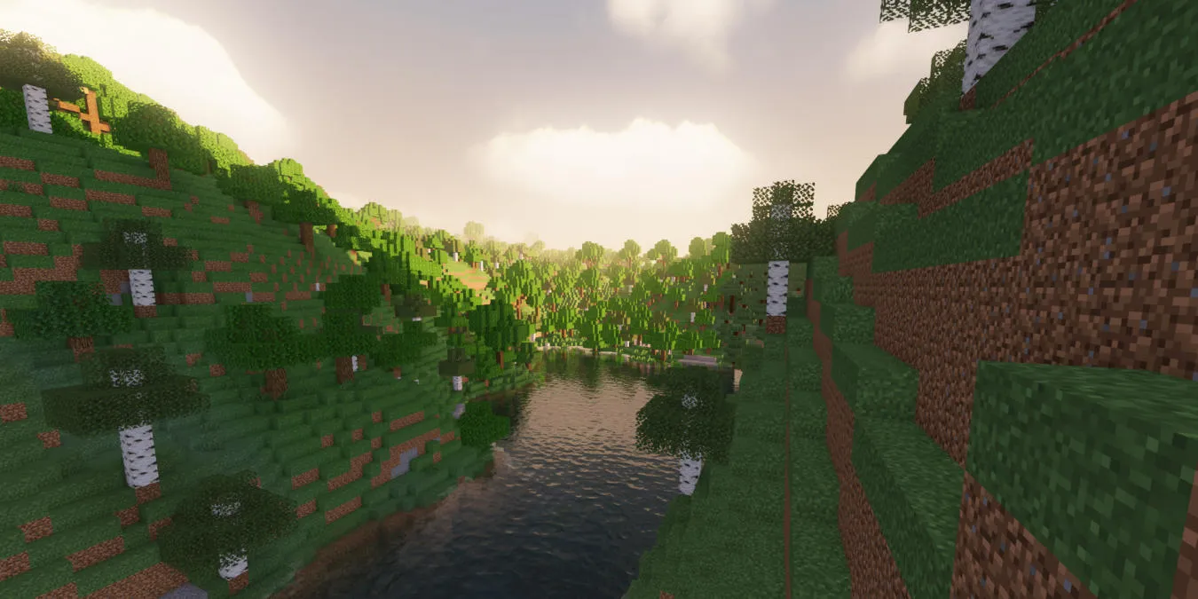 Een screenshot van een Minecraft-wereld met aangepaste shaders.