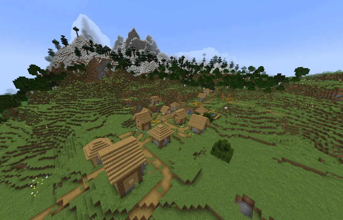 Aldeia em uma semente de Minecraft de aldeia tripla.