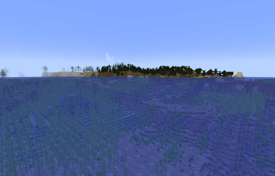 Oceaanmonument en een dorp in Minecraft.